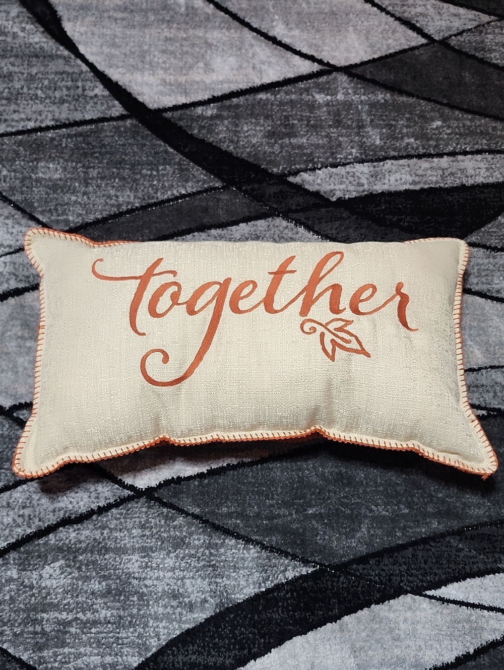 DECORATIVE EMBROIDERED "TOGETHER" HARVEST ORANGE LEAF DESIGN LUMBAR THROW PILLOW